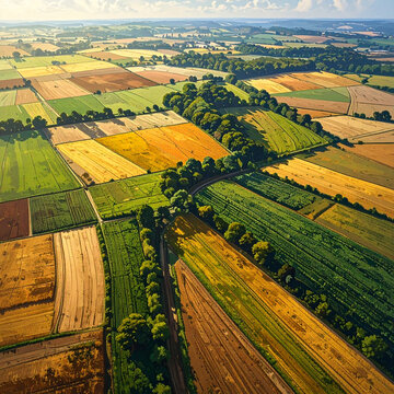 An aerial panorama of the rural Tuscany landscape in Italy reveals rolling green hills, lush vineyards, and summer farmland stretching across a scenic valley under a bright summer sky