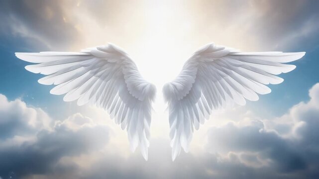 Beautiful white angel wings with soft feathers glowing in bright sky with clouds and sunlight