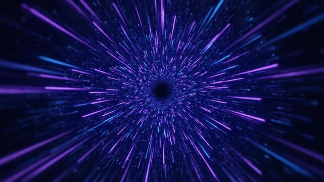 Dynamic abstract light tunnel with vibrant purple and blue streaks, creating a high-speed warp effect for futuristic digital backgrounds and immersive motion graphics