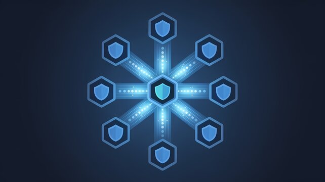 Neon blue shield network pattern with central connected defense icons