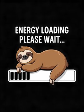 Cartoon sloth on loading bar with energy loading please wait text