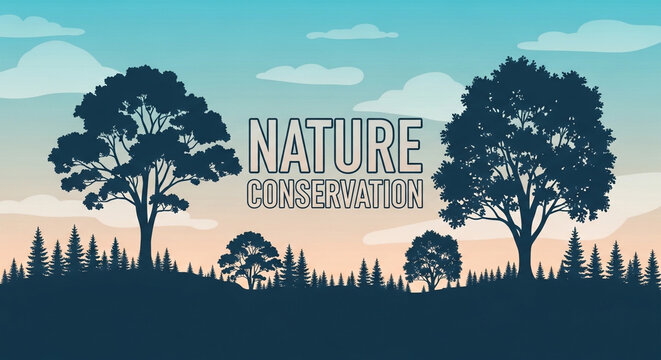 Nature conservation banner with sunrise forest landscape and eco-friendly message