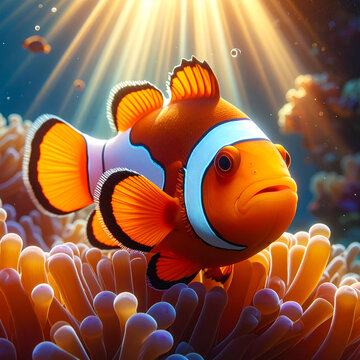 A vibrant orange clownfish swims gracefully among colorful anemone and coral reef life in a tropical blue underwater aquarium