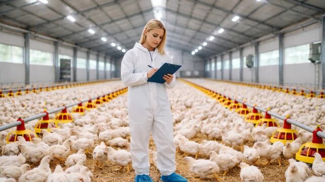 A poultry farm worker in protective gear meticulously records data on a clipboard amidst rows of chickens. Agriculture, livestock, and food production industry.
