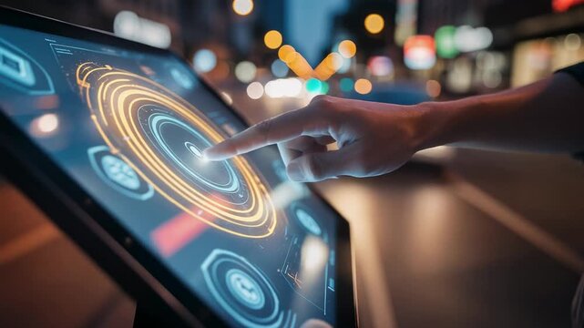 Futuristic touchscreen interface with hand interacting on digital display in urban night setting