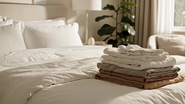 Neatly made bed with freshly folded laundry placed at the foot. Crisp white linens and towels stacked in a bright modern bedroom. View through a partially open doorway. Home organization concept