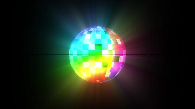 Disco ball seamless loop animation, music broadcast on black screen, night clubs, music videos, silver mirror disco ball rotating, glamour and fashion events, jazz, pops, funky and disco party