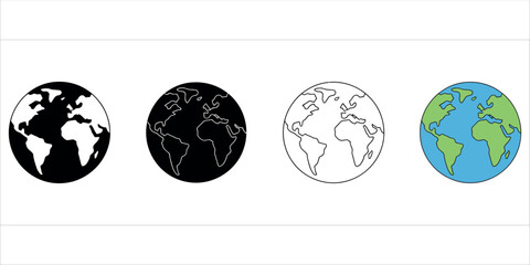 Minimalist vector-style globes with varied artistic representations of world maps, ideal for global business, education, travel, and environmental themes in presentations and marketing materials. © akram