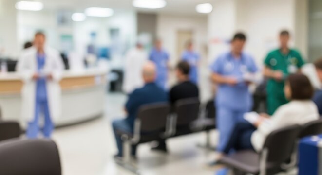 Blurred hospital waiting room with medical staff and patient. Doctor and nurse working in clinic hall. Busy healthcare facility interior with sick people and professional service team.