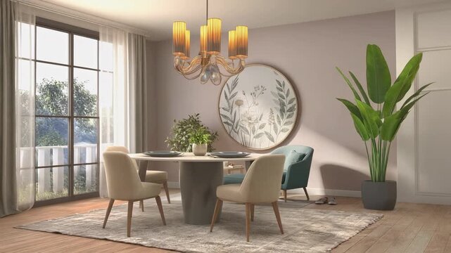 Bright modern dining room with stylish chairs, round table, large window, green plants, and elegant chandelier