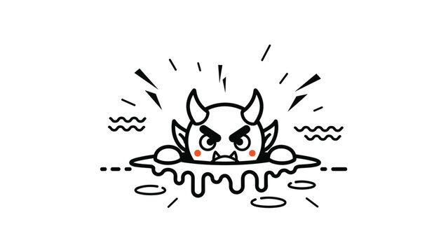 Cute little red-cheeked devil with horns peeks out from a black puddle, surrounded by wavy lines and energetic sparks.