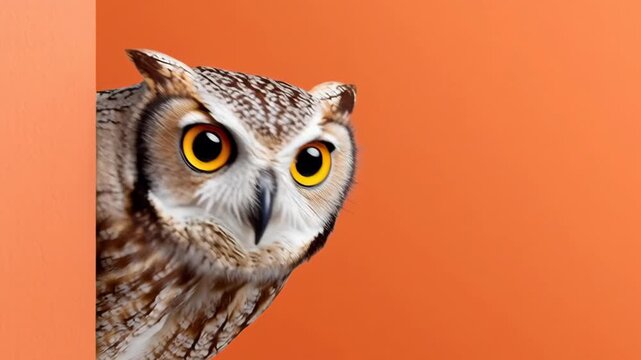 Owl peeking around a corner with bright orange background, showcasing large yellow eyes and intricate feather patterns in a vibrant, playful setting