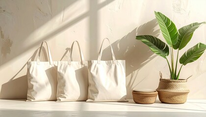 Three blank canvas tote bags for eco-friendly branding mockups, elegantly displayed on a minimalist shelf with natural light and soft shadows