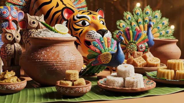 Vibrant pohela boishakh feast with panta ilish, sweets, and traditional bengali decorations celebrating renewal.