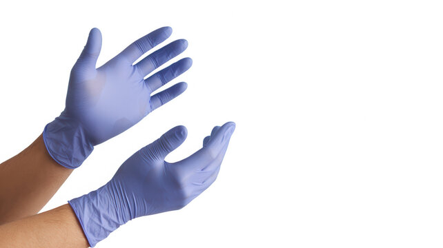Pair of hands wearing blue medical nitrile gloves, isolated on transparent background
