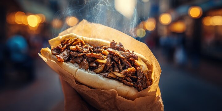 A flavorful and steaming Philly cheesesteak, a classic street food delight, is held up against a blurred urban backdrop, tempting passersby with its delicious aroma.