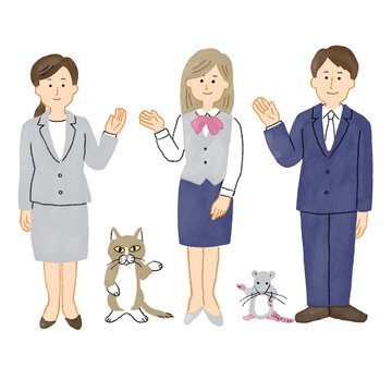 制服を着た女性と男性が案内をしているイラスト5点セット2