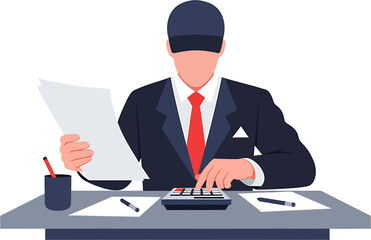 Focused Financial Professional Performing Calculations and Managing Documents at a Desk, Representing Business Accounting, Tax Preparation, and Office Administration