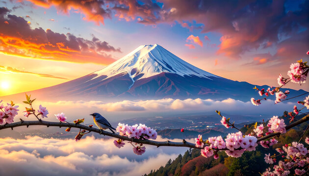A serene Japanese landscape captures Mount Fuji's snow-covered peak reflecting in a lake at sunrise and sunset under a cloudy sky
