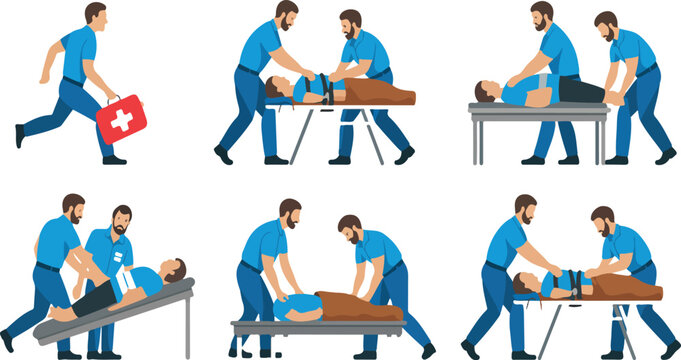 Illustration of emergency medical responders providing first aid and performing rescue scenarios representing healthcare, safety, and emergency services vector art