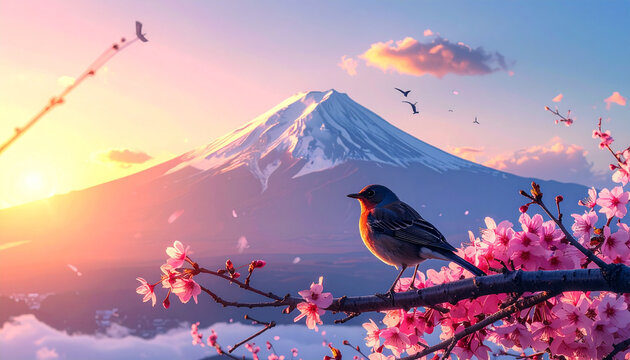 A cute vector illustration of a bullfinch and sparrow wildlife silhouette on a spring tree branch with green leaves and flowers for a nature art design