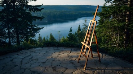 Fototapeta premium An Artist's Sanctuary: Where Stillness Meets the Deep Blue Horizon Creative Solitude Amidst the Echoes of the Tranquil Forest Waters