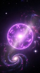 Naklejka premium Intense purple luminous celestial body glows brightly above a distant spiral galaxy