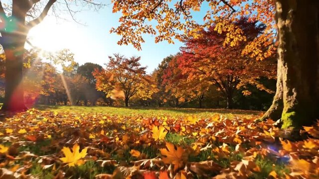 Autumn scene with trees and fallen leaves on grassy field with blue sky