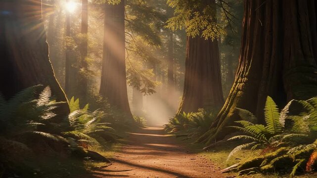Sunlit forest path with towering trees and lush green ferns in peaceful natural scenery