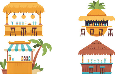 Obraz premium Colorful tropical-style beach bars and juice stands illustration with playful summer vibes, fresh fruit drinks, and seaside relaxation vector art