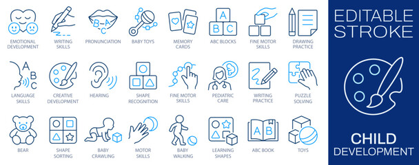 Child development line icons set, early learning concept. Education, motor skills, language training, toys, and pediatric care symbols. Editable stroke. © lovemask