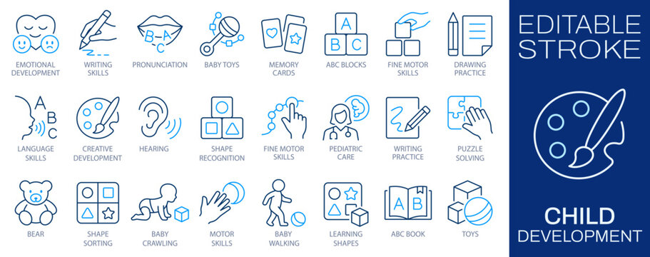 Child development line icons set, early learning concept. Education, motor skills, language training, toys, and pediatric care symbols. Editable stroke.