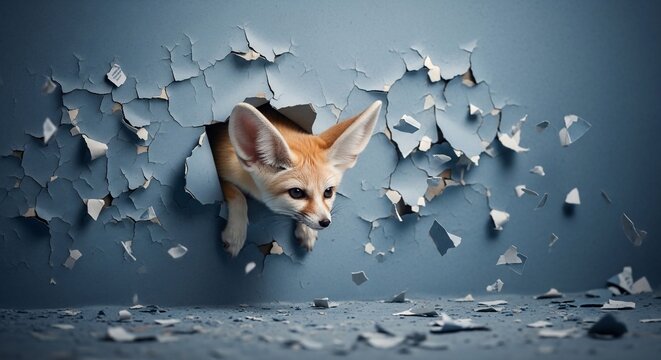 Fennec fox peeking through a distressed blue wall with peeling paint.