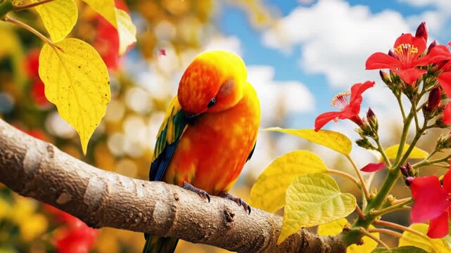 Vibrant orange and yellow parrot perched on a tree branch surrounded by colorful flowers and leaves in a natural setting with blue sky