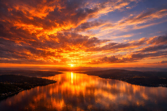Aerial view of a sunset sky background. Aerial Dramatic gold sunset sky with evening sky clouds over the lake