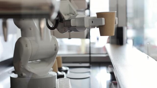 Automated cafe with robotic arm serving beverage. Iced coffee being made.