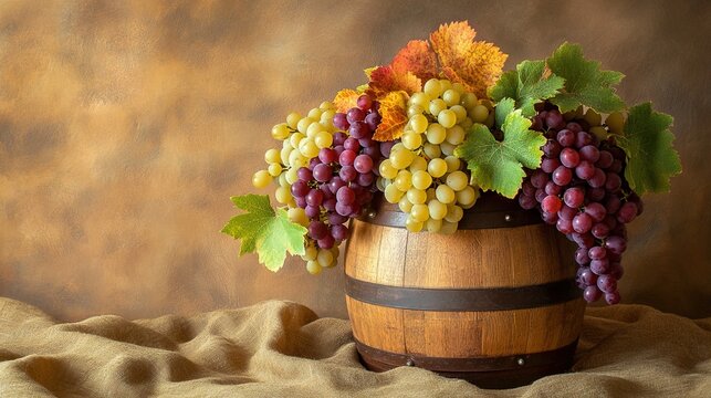 fermentation. Grapes and barrel arranged in a rustic wine country setting. bar promotions, beverage menus, packaging labels, designed for product packaging and bar promotions, used by bi analysts.