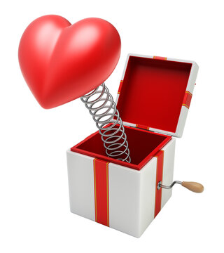 Jack in the box concept with a heart sign jumping out from a box - 3d PNG illustration isolated on transparent background