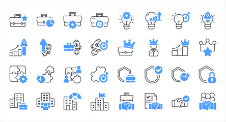 Obraz premium Business Innovation Leadership And Partnership Icons Pack. Corporate strategy startup growth teamwork and security vector icons