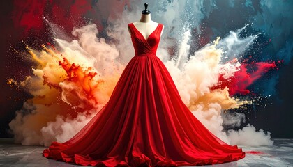 A breathtaking red evening gown, beautifully displayed on a mannequin, emerges from a vibrant explosion of colorful powder, creating a dynamic and artistic fashion scene