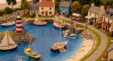 Obraz premium Miniature coastal harbor scene with boats and lighthouse in vibrant model village