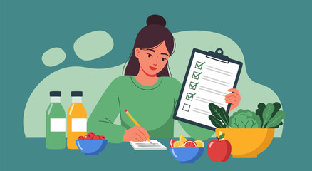 vector illustration of cartoon woman with checklist planning healthy meal prep at colorful table © Purnomo Semlirick