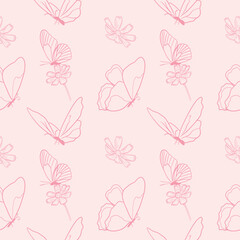 Fototapeta premium Minimal pink butterfly seamless pattern, delicate line art butterflies and flowers, feminine spring background vector
