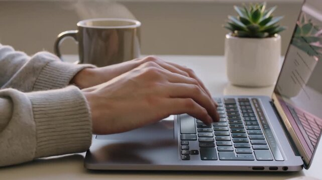 Close-up of a person's hands typing on a silver laptop keyboard with a steaming coffee mug and a small succulent plant in a white pot on a clean white desk