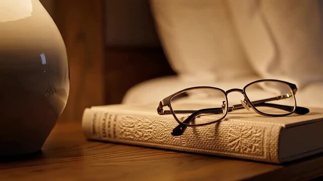 Close-up of reading glasses resting on a closed book. Wooden nightstand with a warm glowing bedside lamp in a dimly lit bedroom. Evening reading routine and relaxation concept
