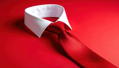 Classic Red Textured Necktie and Crisp White Shirt Collar Isolated on a Vibrant Red Background, Perfect for Business and Formal Wear