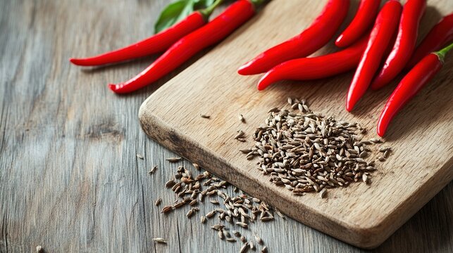 pasilla. Red chili peppers and cumin seeds scattered on a wooden cutting board. menu design, packaging mockups, designed for food delivery and cloud-kitchen brand materials, used by account managers.
