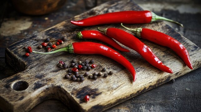 pasilla. Red chili peppers and cumin seeds scattered on a wooden cutting board. menu design, packaging mockups, designed for food delivery and cloud-kitchen brand materials, used by account managers.
