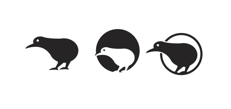 Kiwi Bird Icon Set: Stylized Black and White Silhouette Designs for New Zealand Identity and Branding