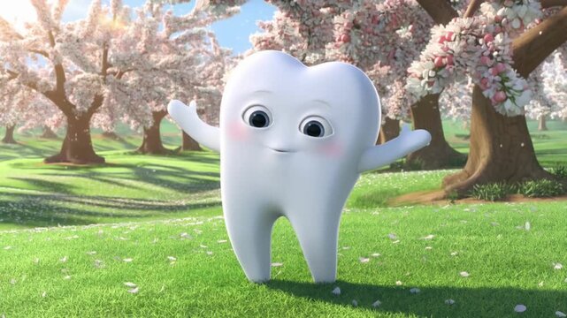 A tooth character dances in a blooming apple orchard. Serene 3D animation for dental clinic spring wellness and nature content.